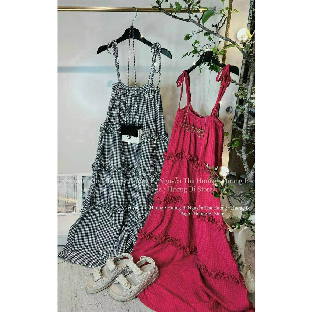 Váy Suông Kẻ Caro 2 Dây Bèo Tầng,Đầm Maxi Cột Nơ Vai Dáng Dài Chất Đũi Mềm Mát Thích Hợp Cho Nàng Đi Biển