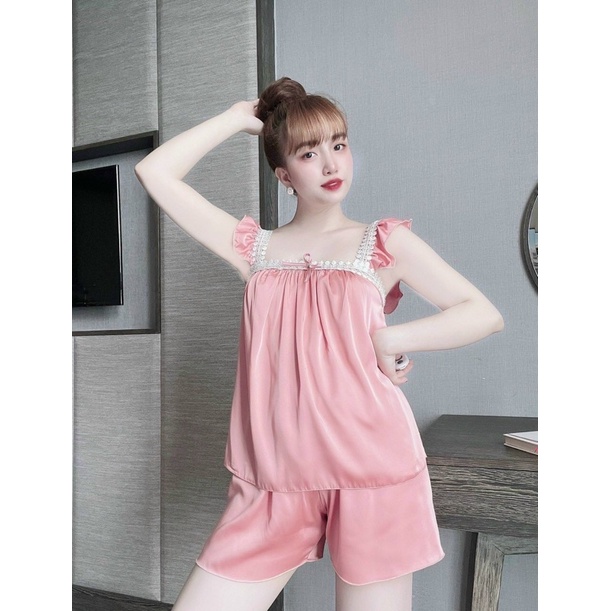 Đồ Ngủ Sexy- Bộ Ngủ Satin Phối Ren Cánh Tiên Form 40-55kg( ảnh và video thật)