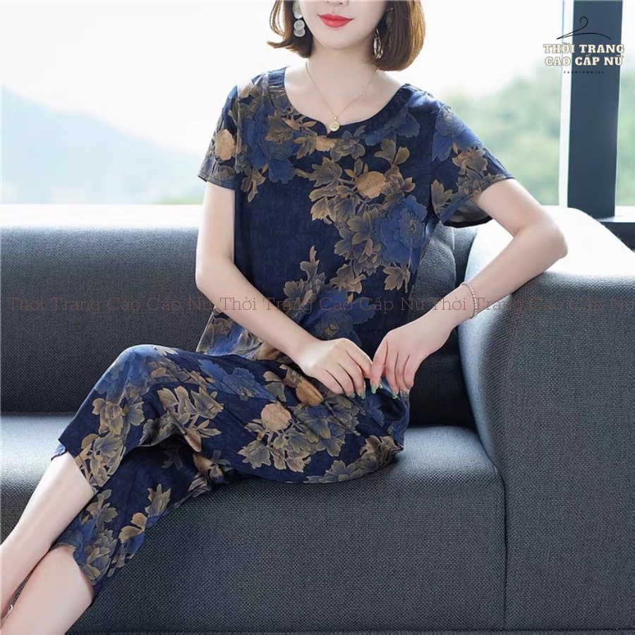 Đồ Bộ Trung Niên Cho Mẹ In Hoa Vải Lụa Mềm Mại Thoáng Mát Gồma Áo Ngắn Tay Và Quần Dài Cạp Chun TN36 - MT.shop