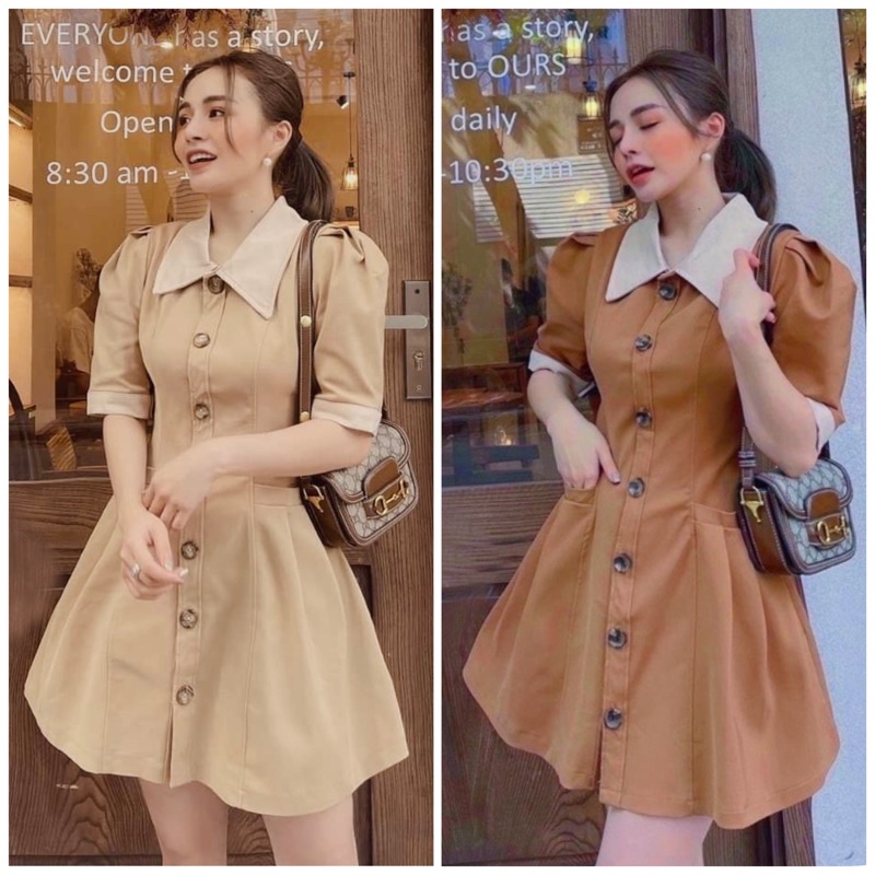 Đầm váy nâu phối cổ sơ mi (kèm hình thật)