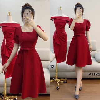 Đầm Xòe Nơ Cổ Vuông Tay Phồng Chất Kate Lụa