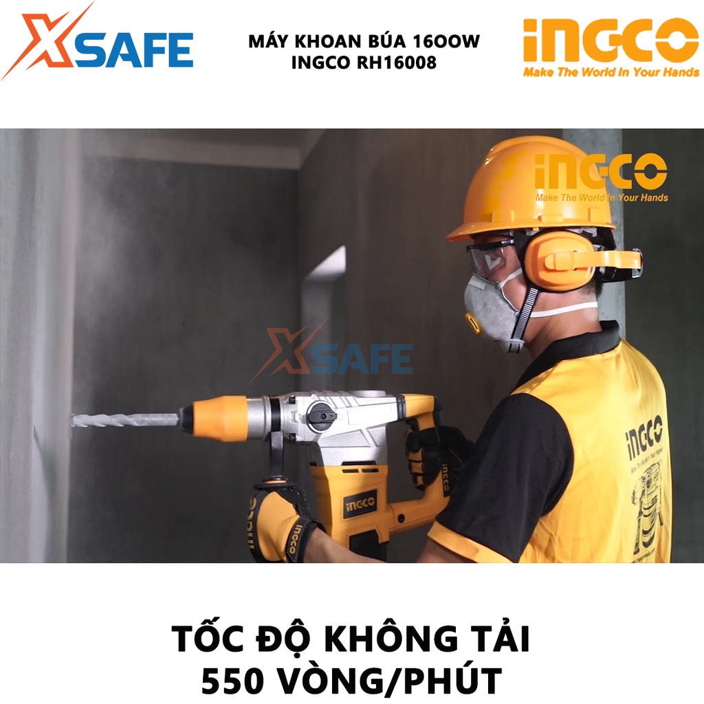 Máy khoan đục 1600W INGCO RH16008 đầu gài sds, tốc độ 550rpm, tốc độ đập 3850bpm, lực đập 8j- xsafe