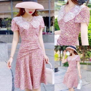 Bán sỉ Đầm xoè hoa nhí hồng phối cổ ren trắng thiết kế sll giá tốt