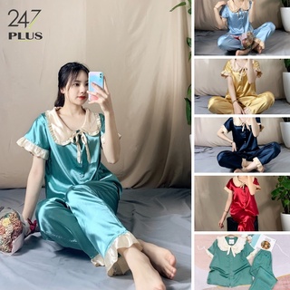 Bộ lụa ngủ quần dài áo cộc tay cổ bèo tiểu thư