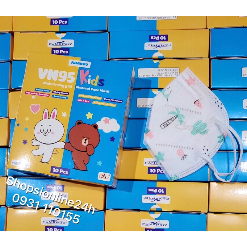 ✅ Hộp 10 cái khẩu trang y tế cho bé VN95 , N95 Famapro Nam Anh chính hãng họa tiết cây xương rồng , dừa