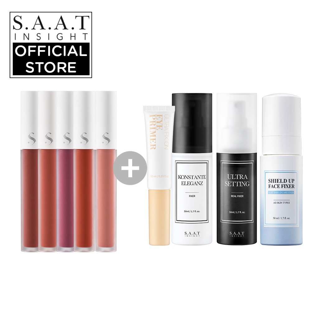 Bộ Son Môi 5 Màu 4g + Kem Lót Mắt 10ml + Xịt Giữ Lớp Trang Điểm 50ml Saatinsight Cao Cấp | BigBuy360 - bigbuy360.vn