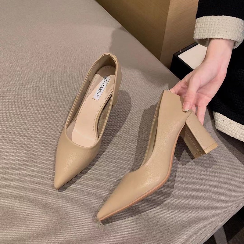 Giày cao gót da trơn gót trụ fullbox hàng quảng châu cao cấp