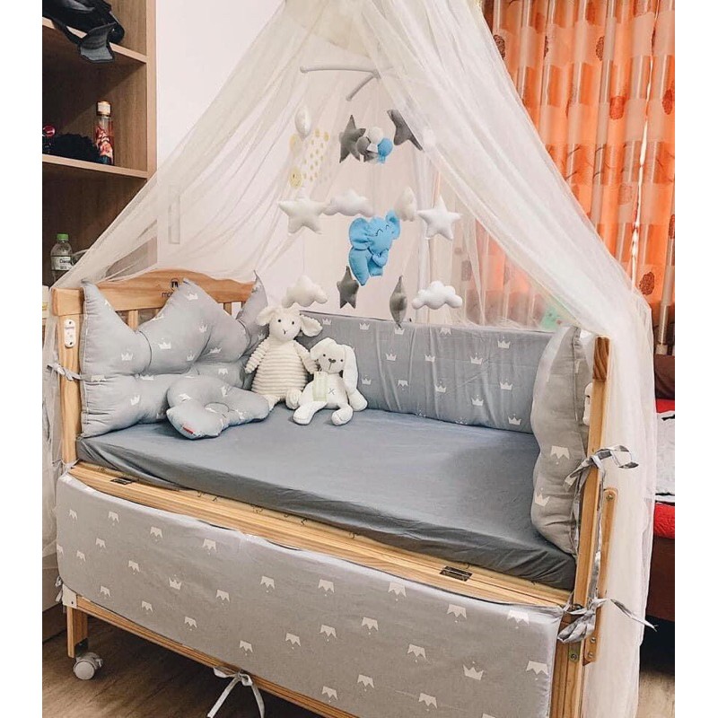 Đồ chơi treo nôi treo cũi kính thích thị giác có nhạc tự xoay handmade cho bé sơ sinh mẫu Voi xanh và bóng bay bé trai