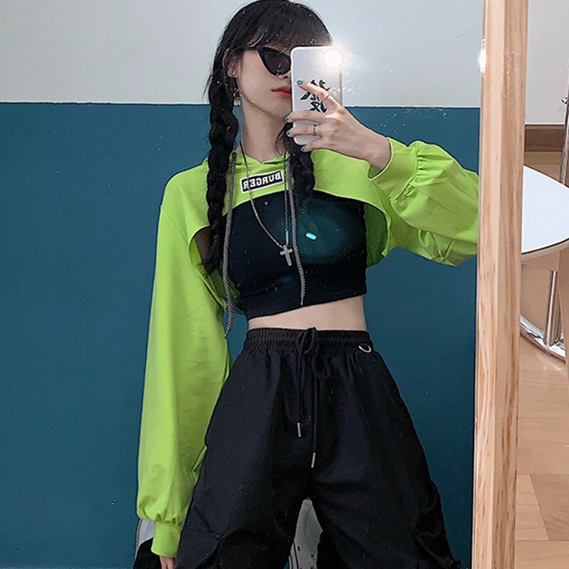 SET 2 MÓN ÁO HOODIE CROPTOP BURGER Cut out Xanh neon Xám Đen + Áo Tanktop Đen ULZZANG - SP sẵn