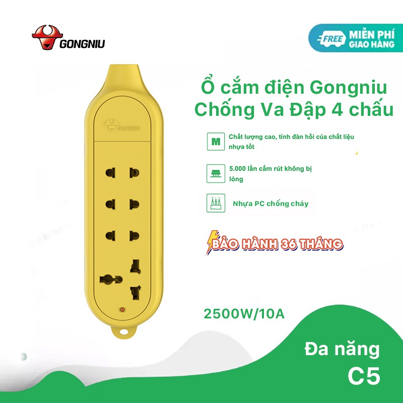 Ổ Cắm Điện Gongniu Đa Năng Chống Va Đập 4 Ổ 2500W/10A (C5) - Chính Hãng