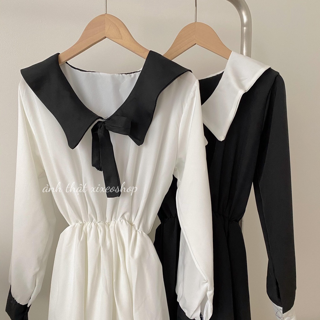 Váy babydoll dài tay trắng đen nơ cổ, đầm tiểu thư xixeoshop - v114