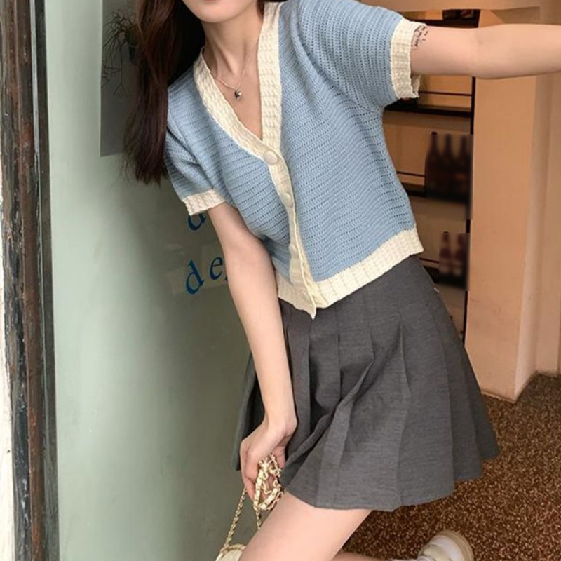 Áo Khoác Cardigan Dệt Kim Mỏng Tay Ngắn Cổ Chữ V Cài Nút Nhiều Màu Sắc Thời Trang Mùa Hè Cho Nữ