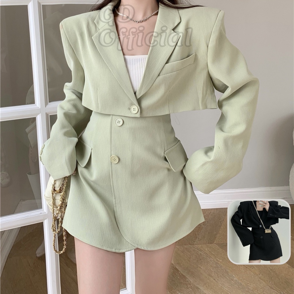 B39|Set bộ nữ áo khoác blazer kiểu croptop dài tay cổ V, váy ngắn cạp lưng cao dáng rộng chữ A xanh,