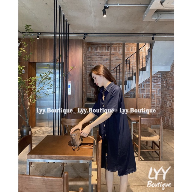 Váy sơ mi dáng ULZZANG đuôi tôm suông tay cộc chất đũi linen, Đầm sơmi viền chỉ nổi oversize LYY BOUTIQUE