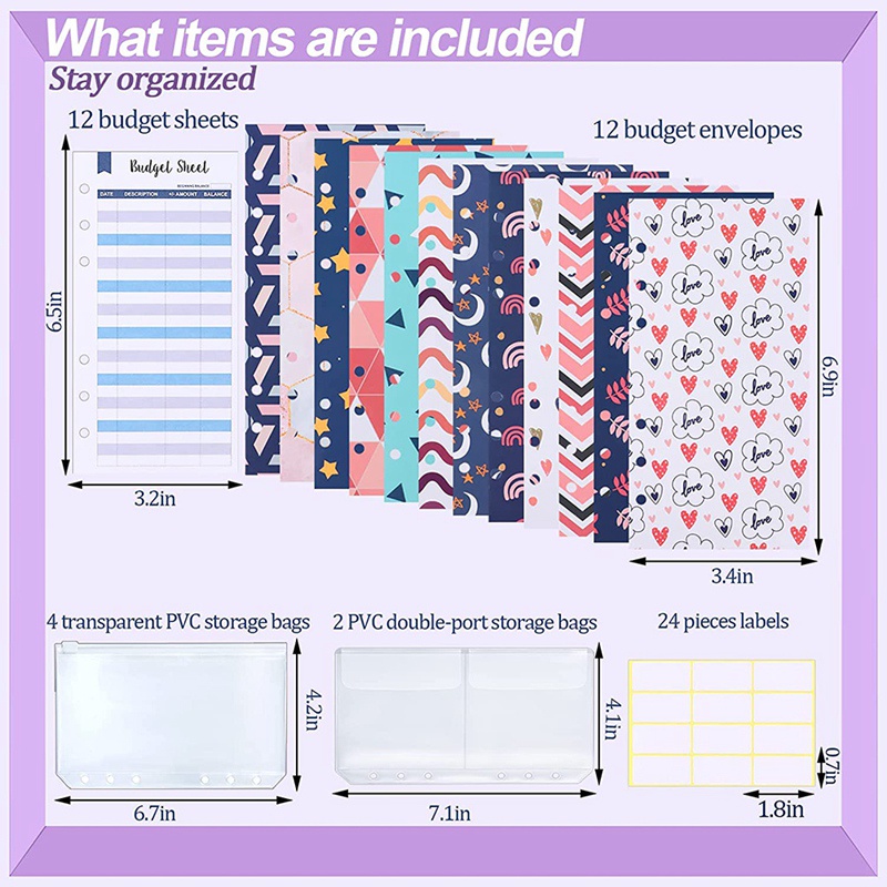 Set 56 phụ kiện ngân sách gồm bìa sổ còng bằng PVC khổ A6+12 tờ ngân sách+nhãn dán+túi đựng