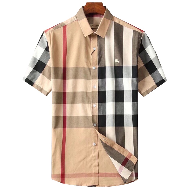 BURBERRY Áo Sơ Mi Caro Tay Ngắn Thêu Họa Tiết Cổ Điển Phong Cách Châu Âu Cho Nam !