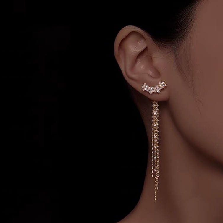 Bông Tai Mạ Bạc 925 Dáng Dài Hình Mặt Cười Đính Đá Zircon Phong Cách Hàn Quốc