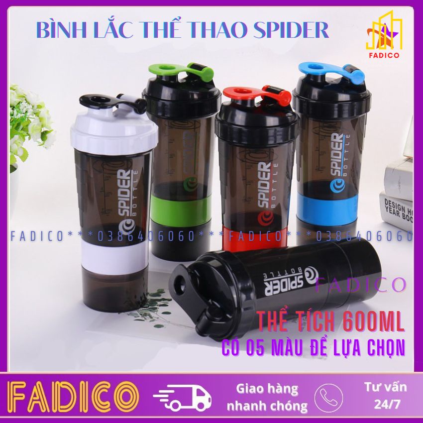 [HCM]Bình Nước Tập Gym | Bình Lắc thể thao Whey Spider 3 Ngăn Tiện Dụng 600 ML-fadico