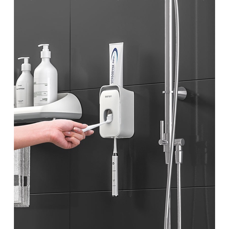 Kệ nhả kem đánh răng tự động Oenen kèm khay để bàn chải siêu tiện dụng lắp đặt dán tường