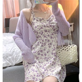(sẵn set S) Váy hoa nhí 2 dây dáng ngắn kèm áo len mỏng khoác ngoài phong cách hàn quốc SẴN