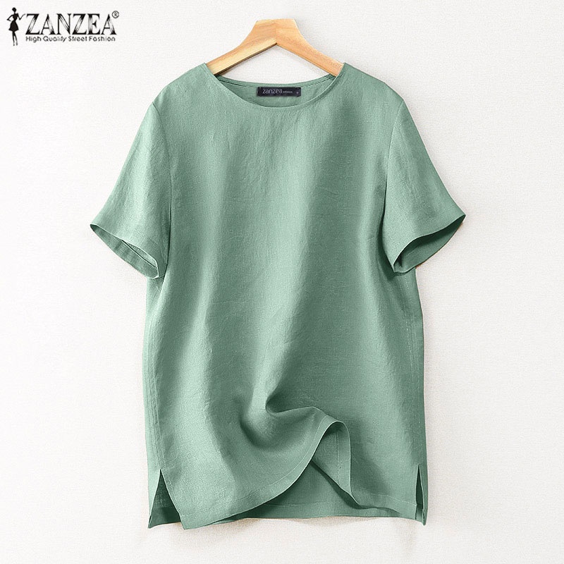 Áo thun ZANZEA tay ngắn cổ tròn xẻ tà phong cách thời trang cho nữ