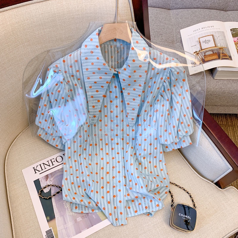 Áo Sơ Mi Chiffon Tay Phồng Ngắn Họa Tiết Chấm Bi Thời Trang Mùa Hè Dành Cho Nữ
