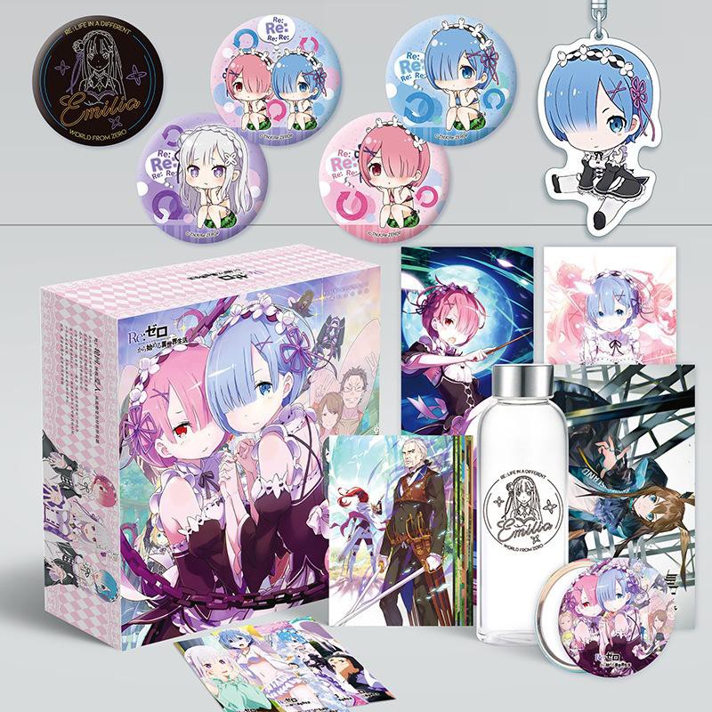 (200) Hộp Quà tặng anime Re: Zero hộp to có bình nước, ảnh daán, vòng tay, ảnh thẻ, postcard anime chibi