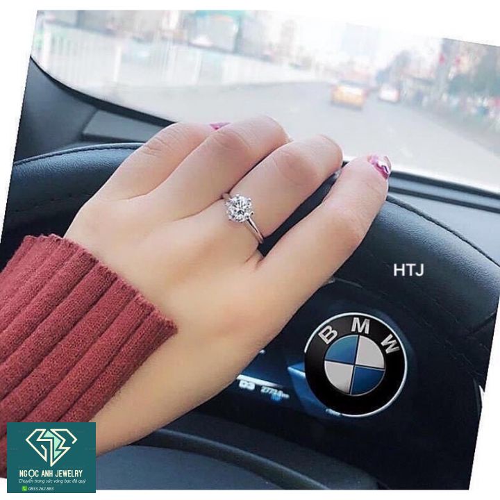 Nhẫn bạc nữ trơn đá cao, đá chủ lấp lánh tựa kim cương -Bạc Ngọc Anh