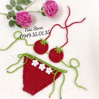 (HÀNG CÓ SẴN) BỘ BIKINI LEN MÓC QUẢ CÀ CHUA SIÊU YÊU CHO BÉ
