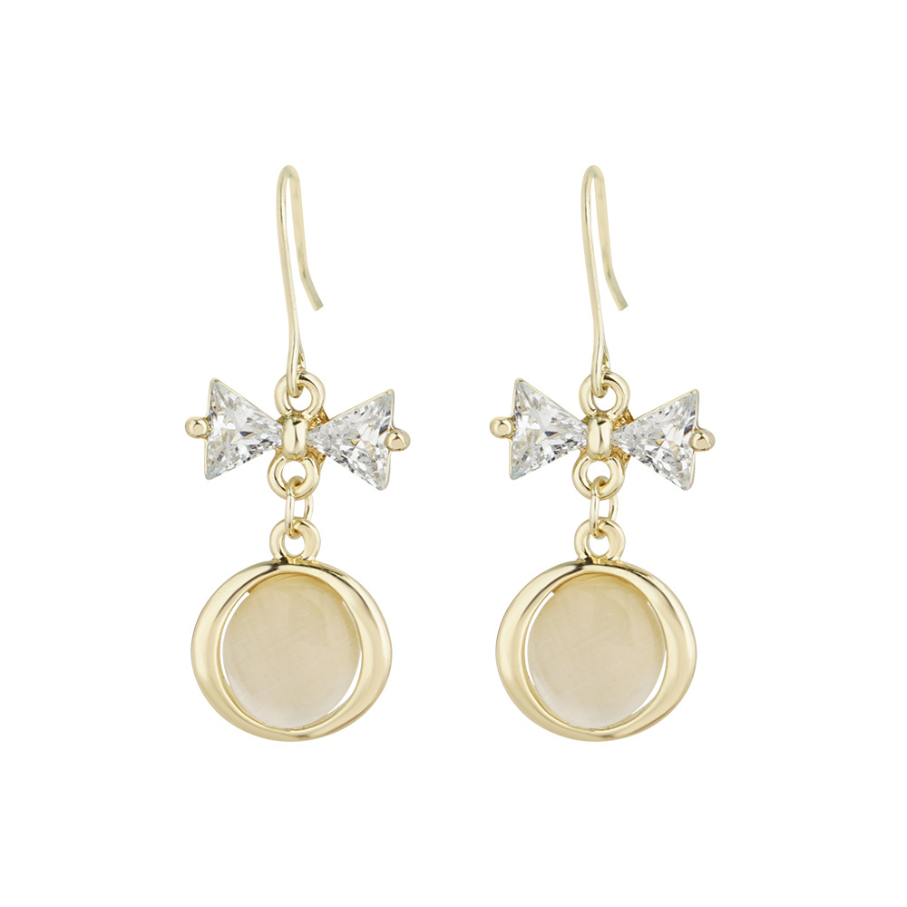 Khuyên tai nơ đính đá zircon phối mặt opal thanh lịch thời trang