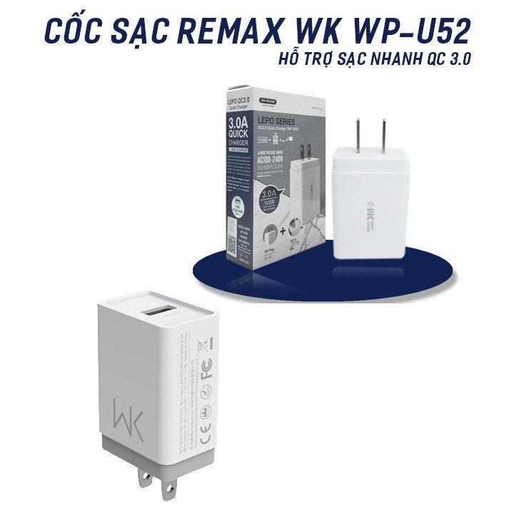 Củ sạc nhanh 3A Remax WP-U52 hàng chính hãng Tặng cáp 123i remax