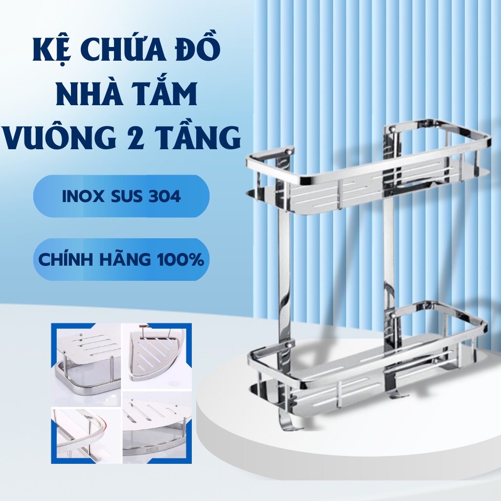 Kệ Treo Nhà Tắm Inox Sus 304 Vuông Hai Tầng Có Móc Kích Thước 41x34x13cm Giá Để Đồ Chính Hãng