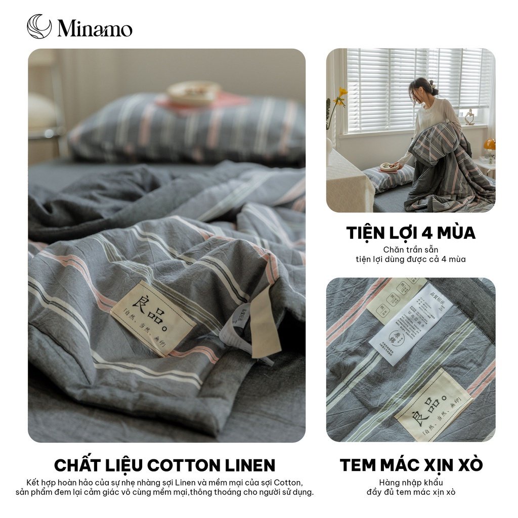 Bộ Chăn Ga Gối Cotton Đũi Nhật Chăn Trần Minamo D10 Cao Cấp, Siêu Mềm Mại, Không Kích Ứng Da