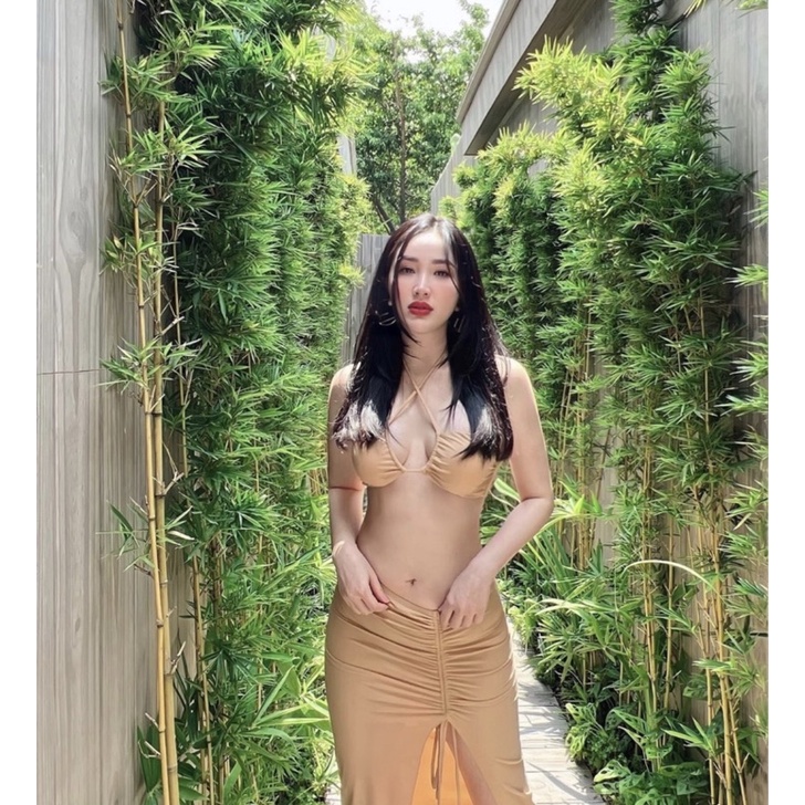 Set bikini 3 mảnh màu cam đi biển