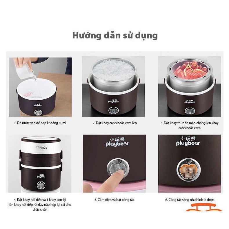 [Siêu tiện dụng] Hộp cơm cắm điện hâm nóng inox cao cấp 3 tầng Play Bear tặng túi đựng xinh xắn