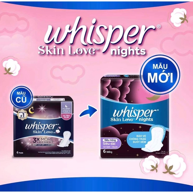 Băng vệ sinh Whisper Skin Love mặt bông siêu mỏng cánh loại cho ngày và đêm