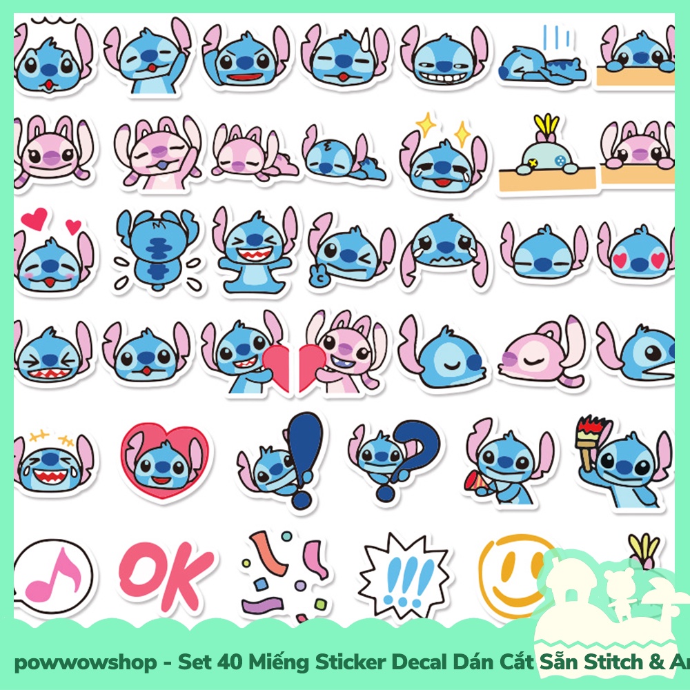 [Sẵn VN - Hỏa Tốc] Set 40 Miếng Sticker Decal Cắt Sẵn DIY Dán Trang Trí Vật Dụng Mẫu NV Hoạt Hình Stitch &amp; Angel Love S