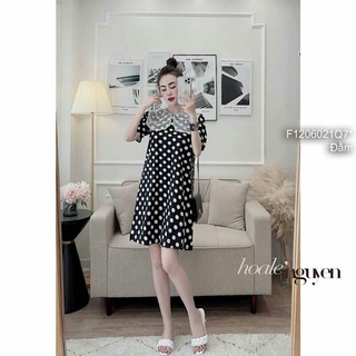 Đầm chấm bi dáng suông rộng phối cổ bèo viền ren tay ngắn!Freesize dưới 60kg