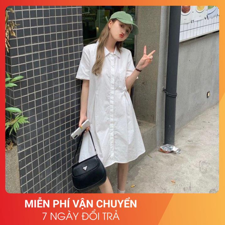 Đầm Sơ Mi Thô Hàn 24AP Nữ [FREESHIP] Váy suông dáng rộng tay lỡ, thiết kế viền eo màu TRẮNG | BE cá tính Ulzzang | BigBuy360 - bigbuy360.vn