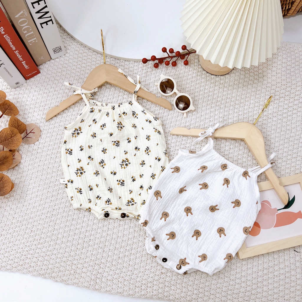 Đồ bộ bé gái quần áo 2 dây vải xô muslin AM757 - Bộ body vải đũi xốp xinh xắn cho bé AM908