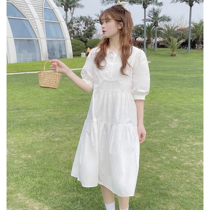 Váy Babydoll Cổ Bẻ Form Rộng Ulzzang - Đầm Babydoll Trắng Dài Qua Gối VD05 | BigBuy360 - bigbuy360.vn