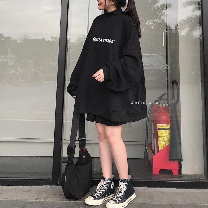 Áo dài tay nỉ bông cao cổ sweater unisex thu đông squella strada form rộng 2021 | BigBuy360 - bigbuy360.vn