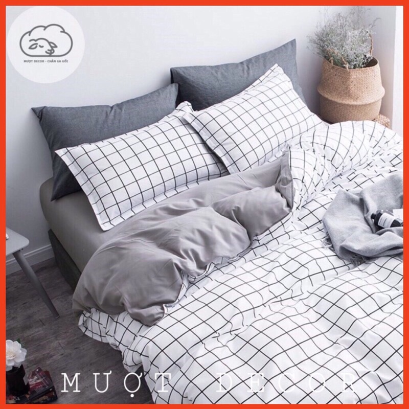 ☞Bộ Ga Gối ❤️ cotton poly 5 món kẻ caro đủ màu size giường miễn phí bo chun Mượt Decor