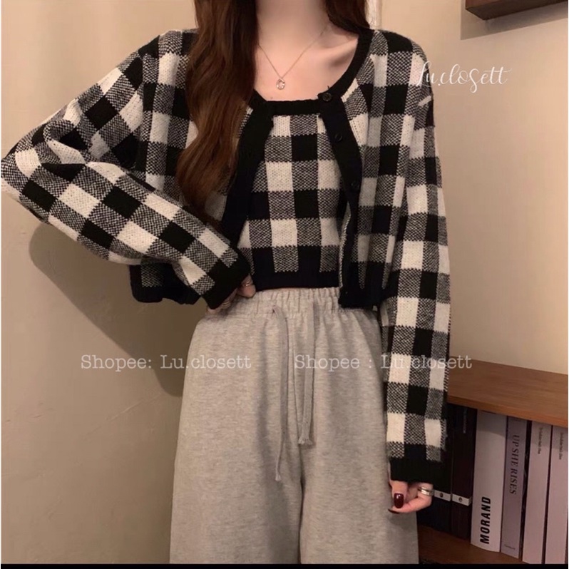 Set áo khoác cardigan len kèm áo 2 dây croptop hoạ tiết kẻ ô phong cách ulzzang LU.CLOSETT
