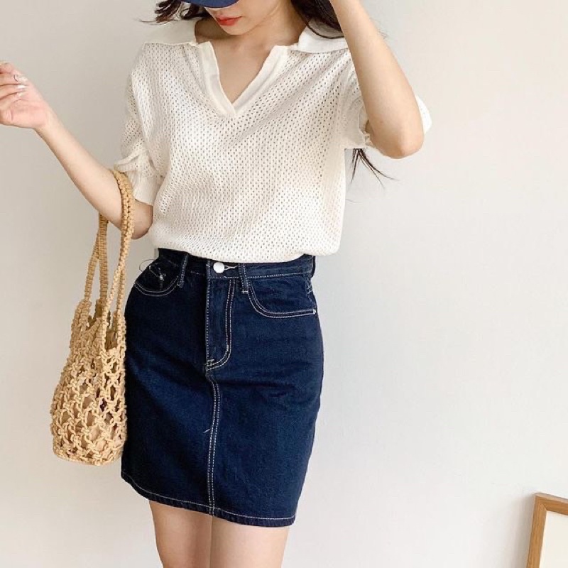 [Ảnh thật/Video] Áo croptop DING mongtogi cúc ngực cổ đức thiết kế đan Hàn Quốc