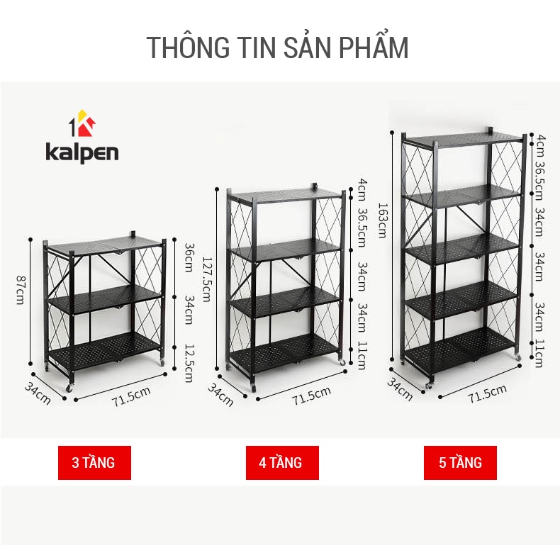 Kệ xếp gấp gọn để đồ di động đa năng thông minh Kalpen 3 tầng 4 tầng 5 tầng tiện lợi cho gia đình hoặc công ty