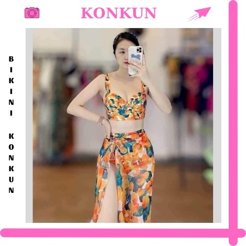 Sét bikini đi biển họa tiết hoa cam kèm khăn KONKUN MS115
