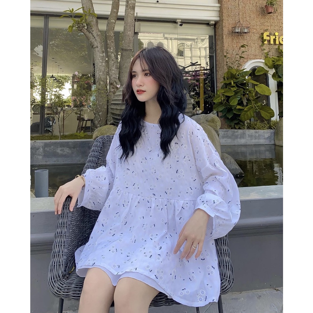 Áo Babydoll Hoa Nhí Tay Bồng Nữ - Áo tiểu thư bánh bèo dáng suông, thiết kế cổ tròn dài tay, màu trắng basic Ulzzang