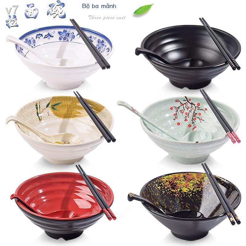 TG Bộ đồ ăn giả sứ Ajisen Bát ramen và đũa thìa ba món mì liền Nhật Bản nhựa lớn cay nóng
