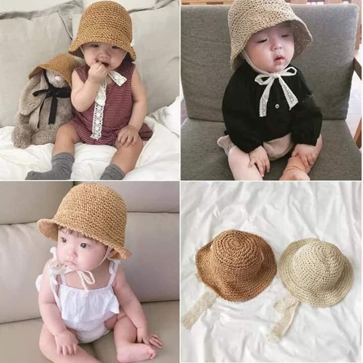 Mũ cói buộc dây ren Hàn Quốc cực xinh cho bé yếu